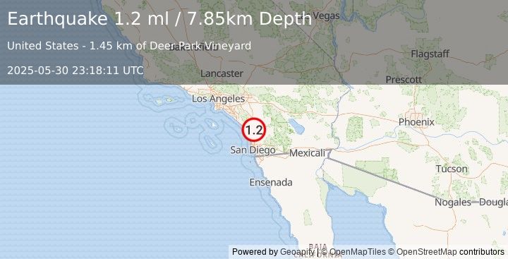 Earthquake 9 km WNW of Valley Center, CA (1.2 ml) (2025-05-30 23:18:11 UTC)