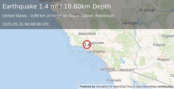 Earthquake 21 km NNW of Fillmore, CA (1.4 ml) (2025-05-31 00:48:00 UTC)