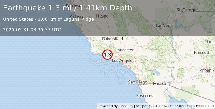 Earthquake 12 km E of Carpinteria, CA (1.3 ml) (2025-05-31 03:35:37 UTC)
