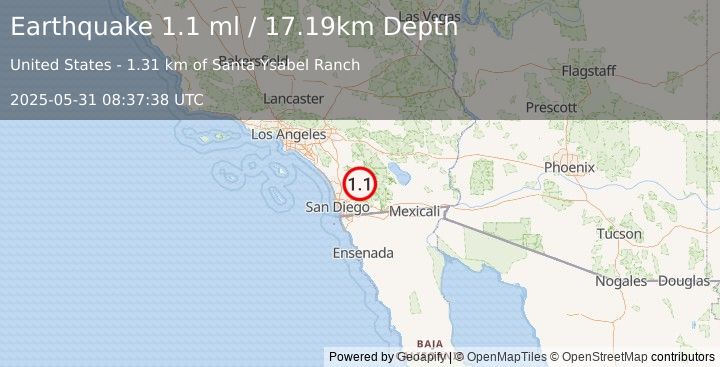 Earthquake 10 km NW of Julian, CA (1.1 ml) (2025-05-31 08:37:38 UTC)