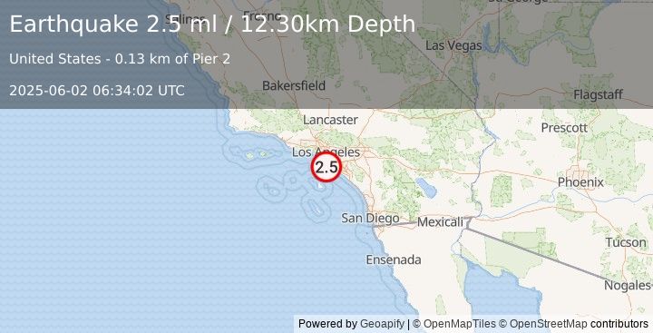 Earthquake 6 km ENE of San Pedro, CA (2.5 ml) (2025-06-02 06:34:02 UTC)