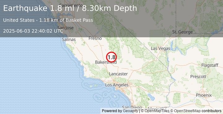 Earthquake 14 km WNW of Lake Isabella, CA (1.8 ml) (2025-06-03 22:40:02 UTC)