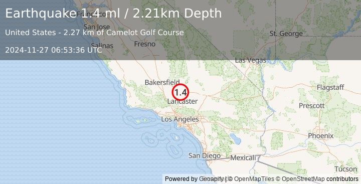 Earthquake 5 km SW of Mojave, CA (1.4 ml) (2024-11-27 06:53:36 UTC)