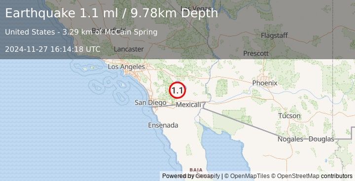 Earthquake 15 km S of Salton City, CA (1.1 ml) (2024-11-27 16:14:18 UTC)