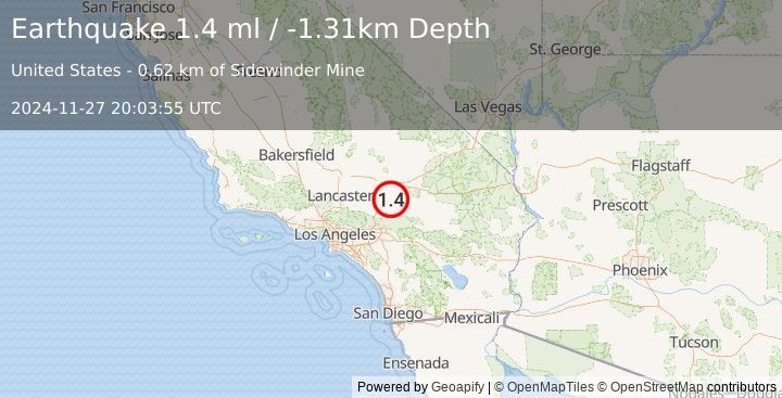 Earthquake 17 km NNE of Apple Valley, CA (1.4 ml) (2024-11-27 20:03:55 UTC)