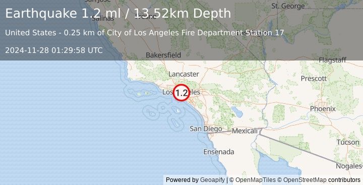 Earthquake 4 km SSE of Los Angeles, CA (1.2 ml) (2024-11-28 01:29:58 UTC)