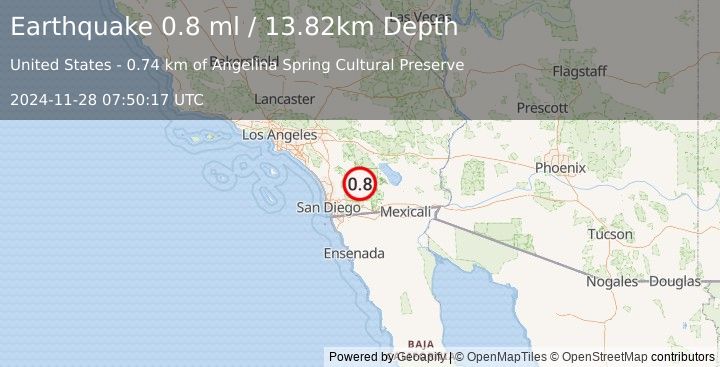 Earthquake 14 km NE of Julian, CA (0.8 ml) (2024-11-28 07:50:17 UTC)