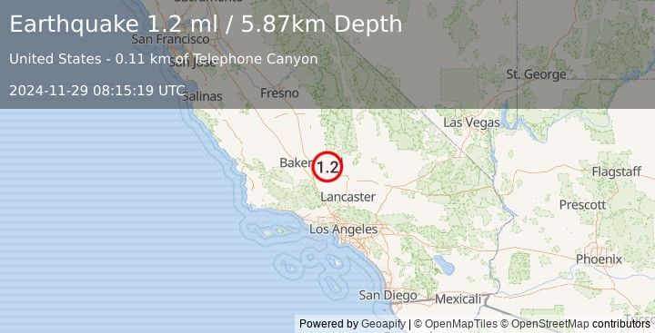 Earthquake 20 km ENE of Arvin, CA (1.2 ml) (2024-11-29 08:15:19 UTC)