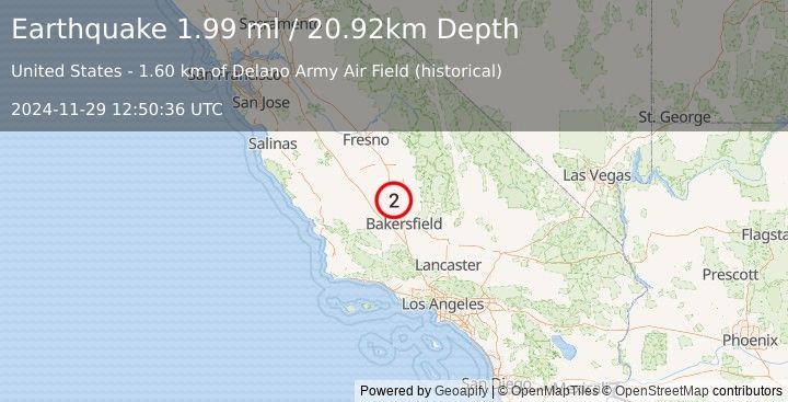 Earthquake 4 km SE of Delano, CA (2.0 ml) (2024-11-29 12:50:36 UTC)