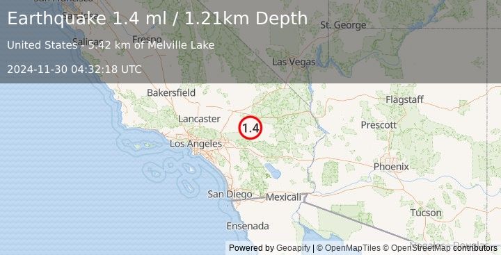 Earthquake 38 km NE of Big Bear City, CA (1.4 ml) (2024-11-30 04:32:18 UTC)