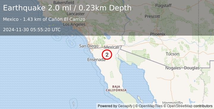 Earthquake 50 km SSW of Progreso, B.C., MX (2.0 ml) (2024-11-30 05:55:20 UTC)