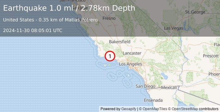 Earthquake 11 km N of Santa Barbara, CA (1.0 ml) (2024-11-30 08:05:01 UTC)