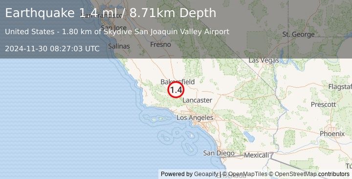 Earthquake 22 km NW of Grapevine, CA (1.4 ml) (2024-11-30 08:27:03 UTC)