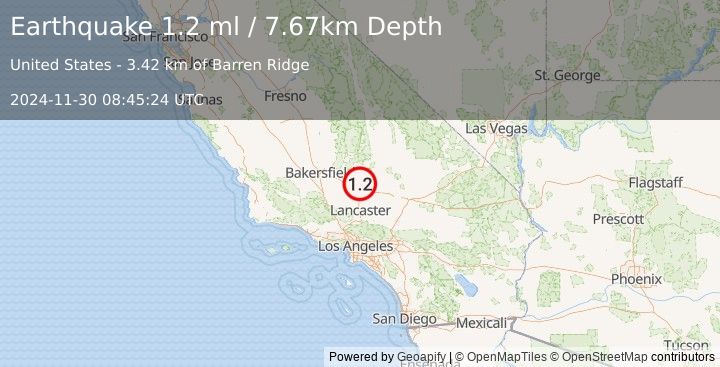 Earthquake 14 km NNE of Mojave, CA (1.2 ml) (2024-11-30 08:45:24 UTC)