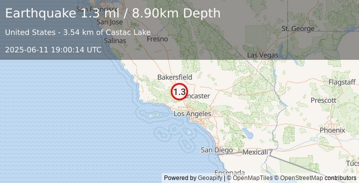 Earthquake 5 km ENE of Lebec, CA (1.3 ml) (2025-06-11 19:00:14 UTC)