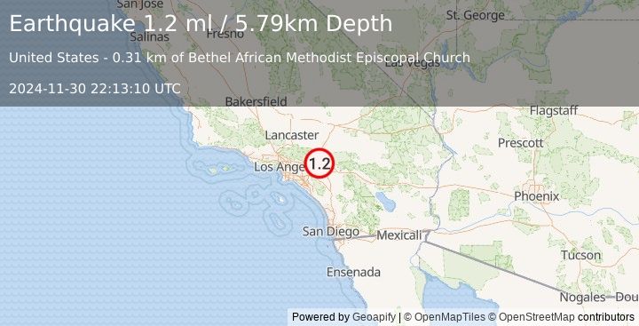 Earthquake 3 km NNE of Fontana, CA (1.2 ml) (2024-11-30 22:13:10 UTC)