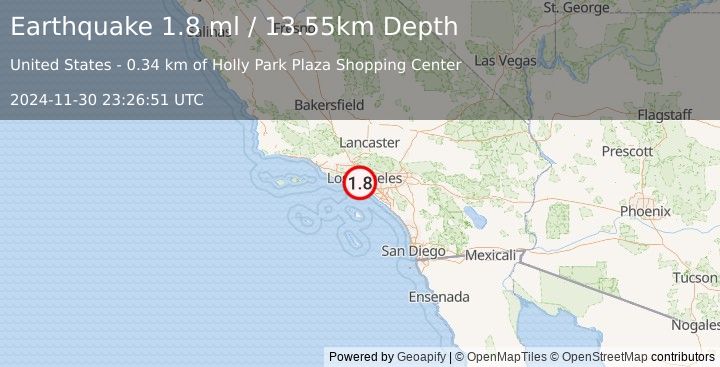 Earthquake 1 km SSE of Inglewood, CA (1.8 ml) (2024-11-30 23:26:51 UTC)