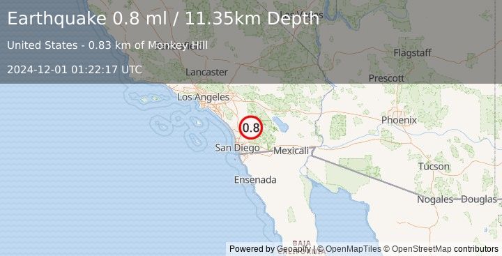 Earthquake 3 km ESE of Lake Henshaw, CA (0.8 ml) (2024-12-01 01:22:17 UTC)