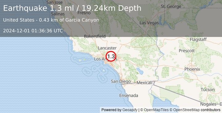 Earthquake 6 km N of Glendora, CA (1.3 ml) (2024-12-01 01:36:36 UTC)