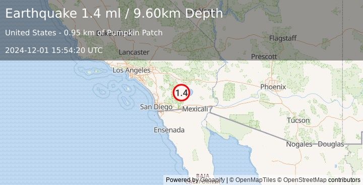 Earthquake 12 km NNE of Ocotillo Wells, CA (1.4 ml) (2024-12-01 15:54:20 UTC)