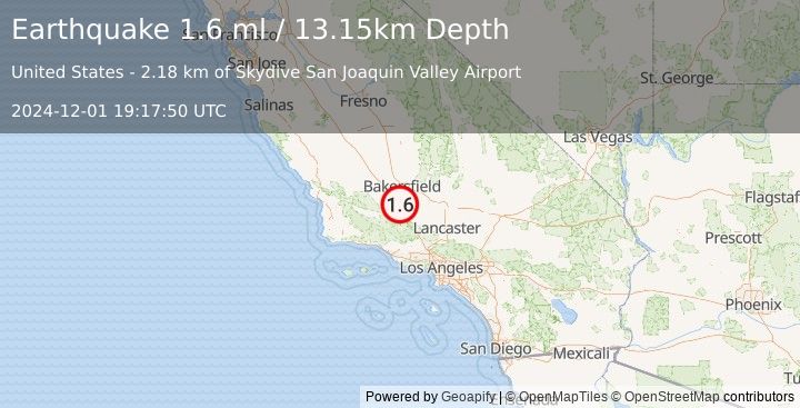 Earthquake 19 km NW of Grapevine, CA (1.6 ml) (2024-12-01 19:17:50 UTC)