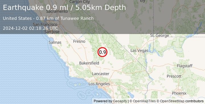 Earthquake 4 km WNW of Coso Junction, CA (0.9 ml) (2024-12-02 02:18:26 UTC)