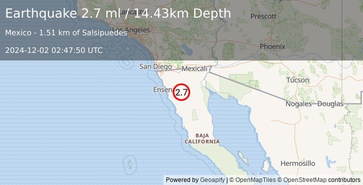 Earthquake 50 km E of Maneadero, B.C., MX (2.7 ml) (2024-12-02 02:47:50 UTC)