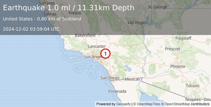 Earthquake 2 km SSE of Lytle Creek, CA (1.0 ml) (2024-12-02 03:59:04 UTC)