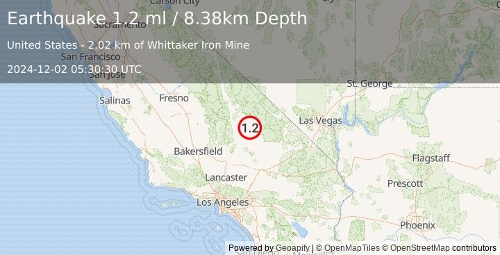 Earthquake 24 km N of Searles Valley, CA (1.2 ml) (2024-12-02 05:30:30 UTC)