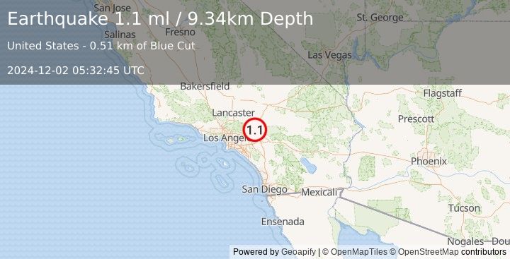 Earthquake 3 km E of Lytle Creek, CA (1.1 ml) (2024-12-02 05:32:45 UTC)