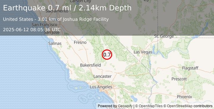 Earthquake 13 km NE of Little Lake, CA (0.7 ml) (2025-06-12 08:05:36 UTC)