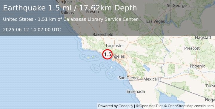 Earthquake 4 km W of Calabasas, CA (1.5 ml) (2025-06-12 14:07:00 UTC)