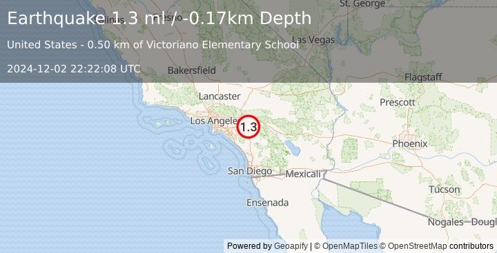 Earthquake 4 km SSE of Moreno Valley, CA (1.3 ml) (2024-12-02 22:22:08 UTC)