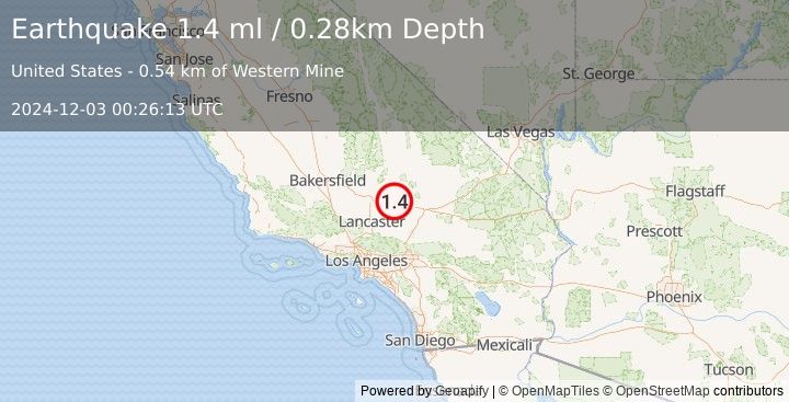 Earthquake 4 km NW of Boron, CA (1.4 ml) (2024-12-03 00:26:13 UTC)