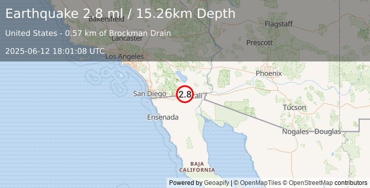 Earthquake 12 km WSW of Heber, CA (2.8 ml) (2025-06-12 18:01:08 UTC)