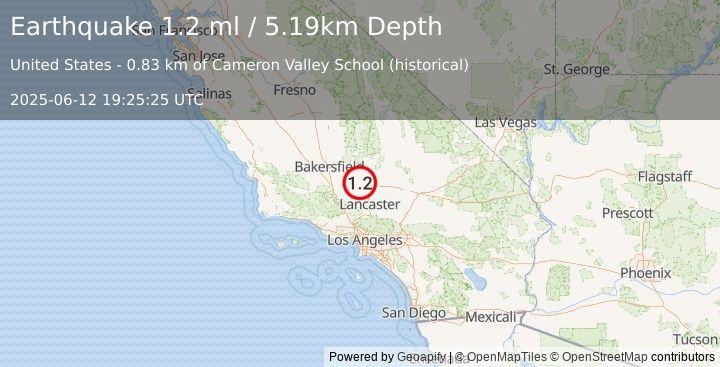 Earthquake 12 km SE of Tehachapi, CA (1.2 ml) (2025-06-12 19:25:25 UTC)