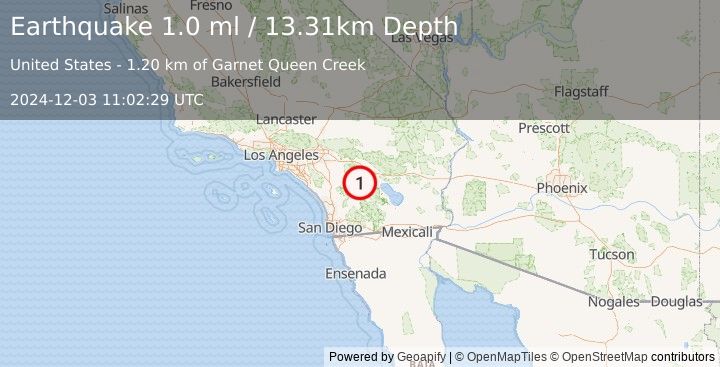 Earthquake 16 km ESE of Anza, CA (1.0 ml) (2024-12-03 11:02:29 UTC)