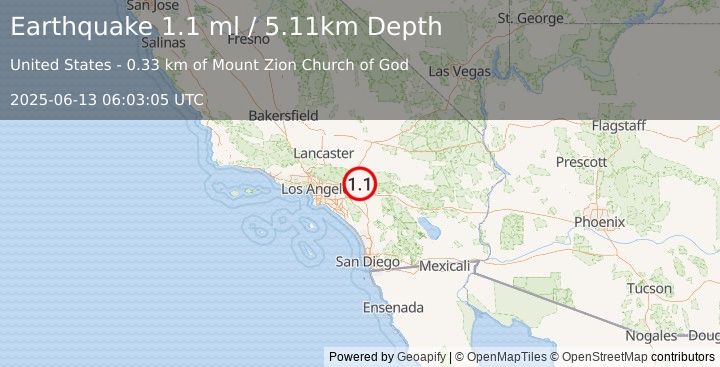 Earthquake 2 km SE of Muscoy, CA (1.1 ml) (2025-06-13 06:03:05 UTC)