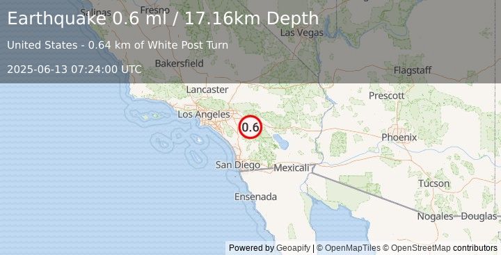 Earthquake 6 km SW of Idyllwild, CA (0.6 ml) (2025-06-13 07:24:00 UTC)