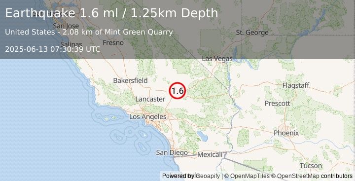Earthquake 15 km NE of Barstow, CA (1.6 ml) (2025-06-13 07:30:39 UTC)