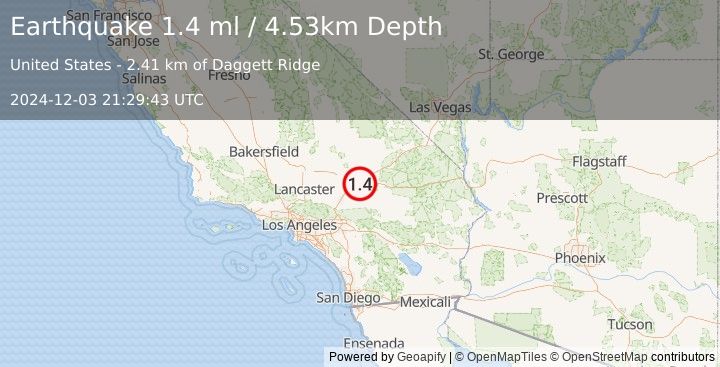 Earthquake 16 km SE of Barstow, CA (1.4 ml) (2024-12-03 21:29:43 UTC)