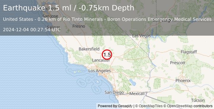 Earthquake 6 km NW of Boron, CA (1.5 ml) (2024-12-04 00:27:54 UTC)