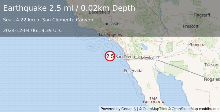 Earthquake 6 km SE of San Clemente Is. (SE tip), CA (2.6 ml) (2024-12-04 06:19:40 UTC)