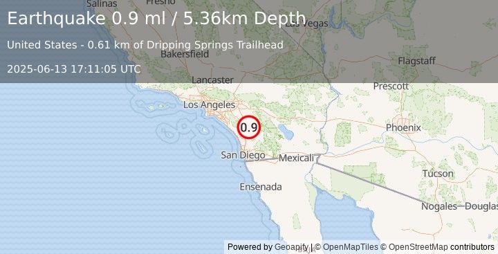 Earthquake 10 km W of Aguanga, CA (0.9 ml) (2025-06-13 17:11:05 UTC)