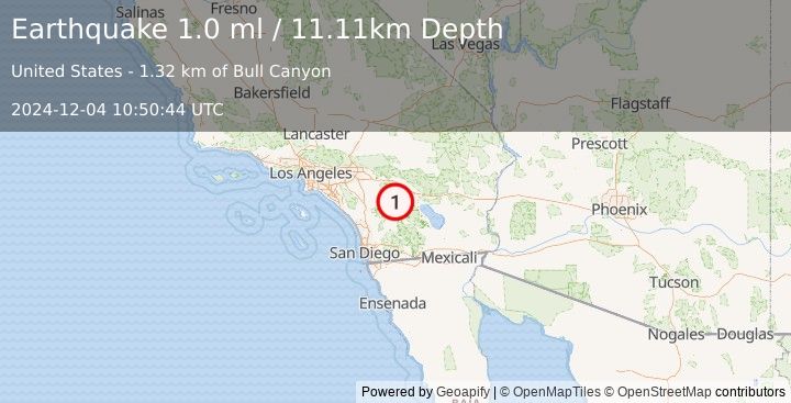 Earthquake 12 km E of Anza, CA (1.0 ml) (2024-12-04 10:50:44 UTC)