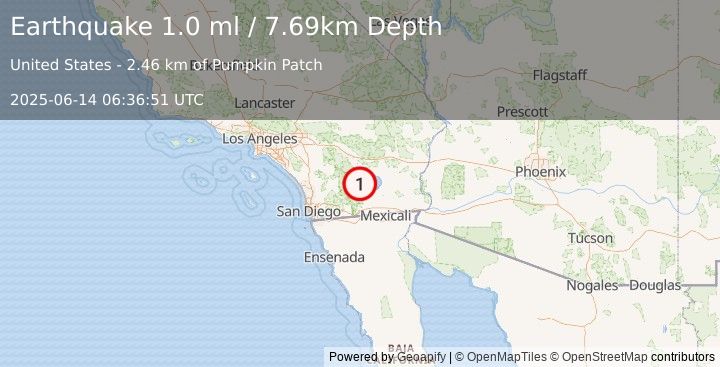 Earthquake 11 km SW of Salton City, CA (1.0 ml) (2025-06-14 06:36:51 UTC)