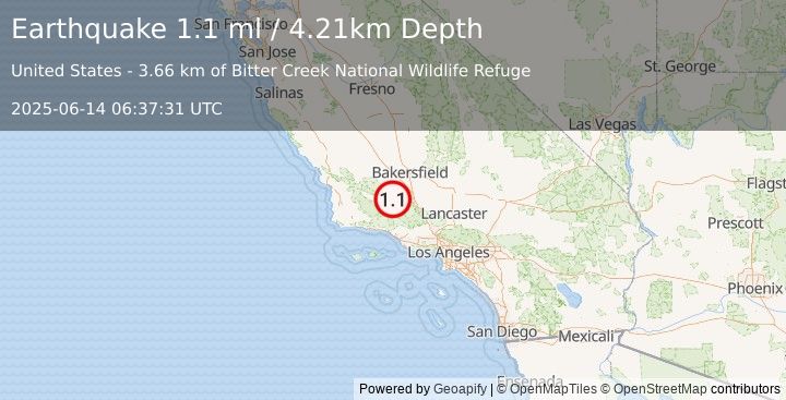 Earthquake 16 km SSE of Maricopa, CA (1.1 ml) (2025-06-14 06:37:31 UTC)