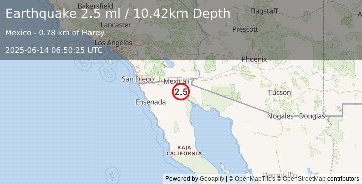 Earthquake 10 km W of Alberto Oviedo Mota, B.C., MX (2.5 ml) (2025-06-14 06:50:25 UTC)