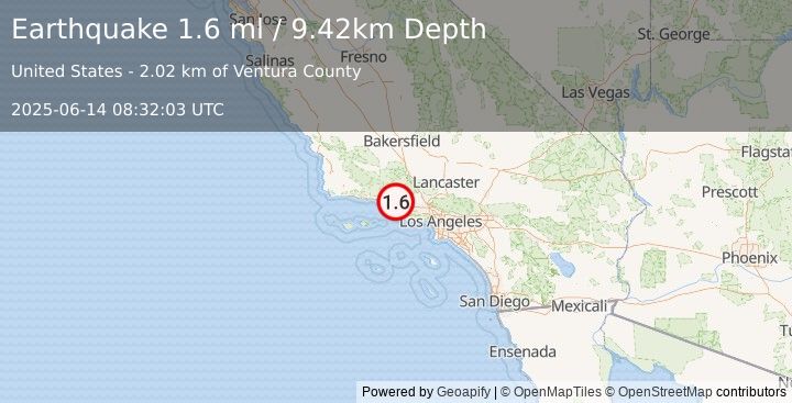Earthquake 7 km WNW of Santa Paula, CA (1.6 ml) (2025-06-14 08:32:03 UTC)