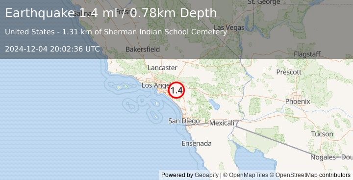 Earthquake 2 km SE of Home Gardens, CA (1.4 ml) (2024-12-04 20:02:36 UTC)